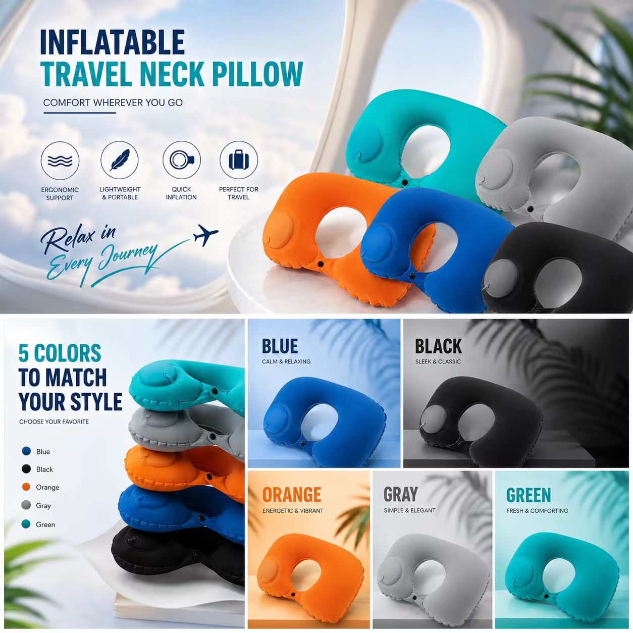 Travel Accessories Pillow - 5 Kleuren Opblaasbaar Kussen Opvouwbaar Draagbaar